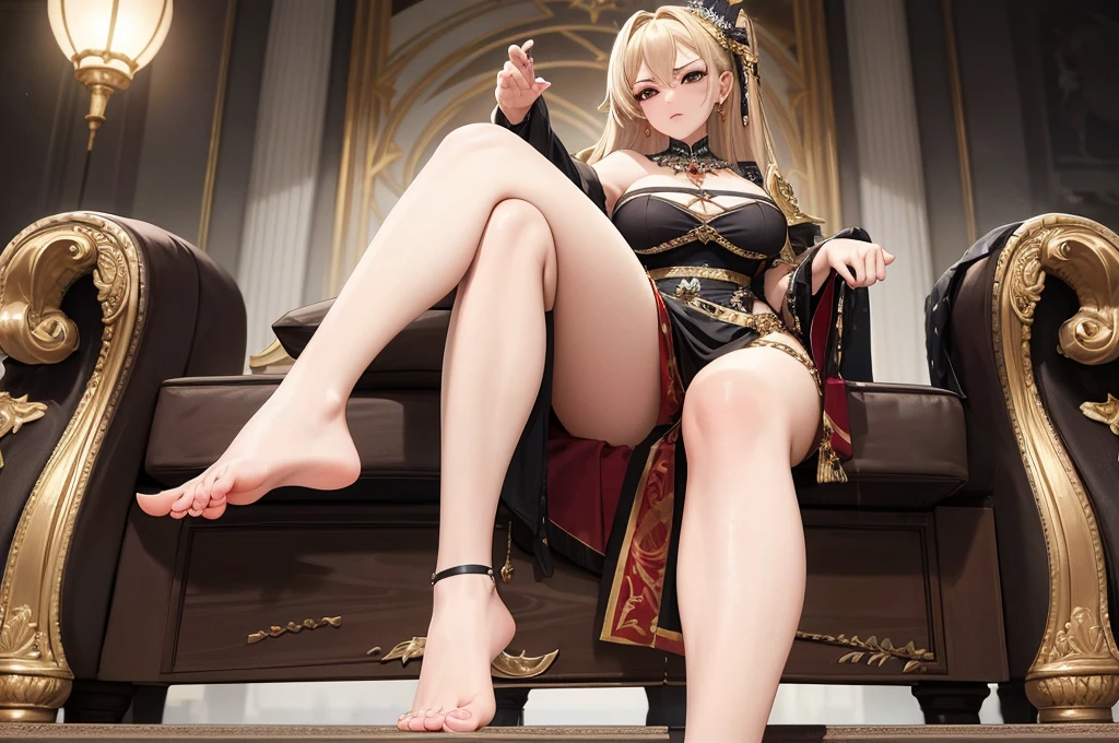 a haughty woman sits on an upholstered armchair, her posture exuding an air of unquestionable superiority. she stretches out one leg, leaving her bare foot exposed for all to see. a look of contempt, like that of a disdainful queen with icy indifference. her eyes convey a clear message: she knows she reigns at the top of the social hierarchy and demands recognition of her greatness. in the low-angle foreground, the foot with its 5 toes is offered with admiration mixed with desire and devotion. Foot fetishism takes on an almost sacred dimension in her presence. Her foot, displayed as an object of supreme desire, becomes a symbol of power and domination. In this haughty posture, she embodies the very essence of power and domination, reigning as uncontested mistress over her realm of desires and fantasies, offering her foot as an object of veneration and submission. And thanks to the low-angle effect, the view of the haughty woman's feet further accentuates her imposing domination and disdainful attitude, intensifying the contrast between her perceived grandeur and those who gaze at her with respect and fascination.