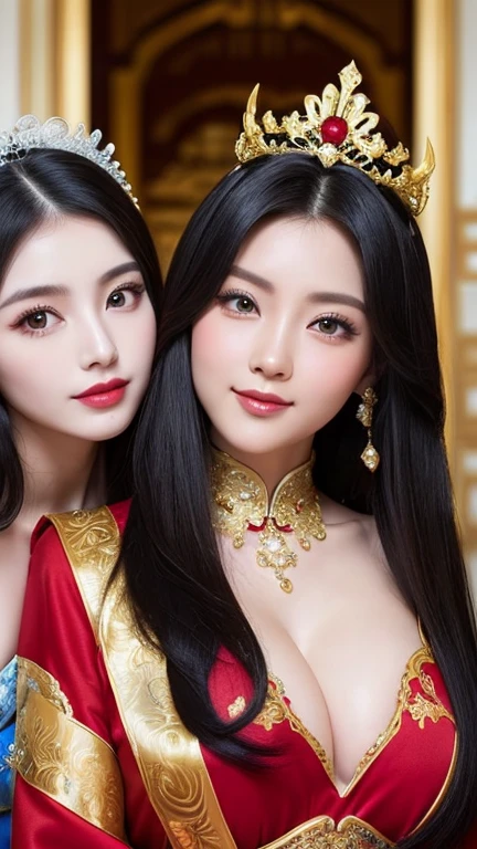 (((Two Chinese beauties)))、((Standing side by side))、((The beautiful woman on the right is wearing a bright red outfit))、(((The beauty on the left is wearing a royal blue outfit.)))、((Two beautiful women in different colored costumes))、((Two people touching cheeks))、((A good friend))、21 years old、(Very heavy makeup:1.2)、(Slanted Eyes:1.3)、(long narrow eyes:1.3)、Shiny Hair、Glowing Skin、Very white skin、Jet Black Hair、Straight long hairstyle、Big eyes、Double eyelids、Luxury Chinese palace、(Standing in the palace corridor)、(Golden luxurious hair ornament)、(Patterned costume of a Chinese queen)、Luxurious and gorgeous、(huge breast:1.3)、(Exposed Skin:1.4)、(Smile with your mouth closed)、((Angle of view from chest up))、((right side girl brilliant red))、((left side girl royal blue))