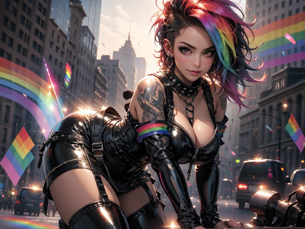 32K UHD quality resolution, rainbow reflections, beautiful and sexy woman, accentuated super huge enormously gigantic , Cleavage showing, wearing lace panties with leather corset and thigh high boots with lots of straps, buckles and zippers, affront, wild messy punk mohawk hair, tattoo sleeves and piercings, sexy seductive horny pose, Full length portrait, Looking forward, looking at the viewer, bright colors, vivid colors, shiny hair, by live, blush, shy smile, short hair, duendecillo hair cut, rainbow hair