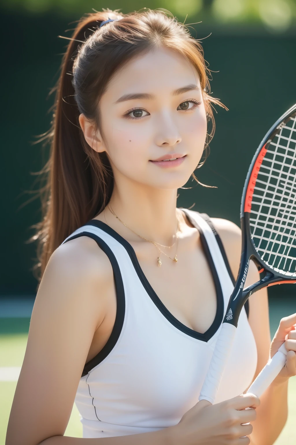 (Highest quality、8K quality、masterpiece:1.3)、One Girl、solo、The most beautiful girl in Japan, High resolution face、Golden Ratio、Healthy Beauty、Tennis Player、holding a tennis racket in one&#39;s right hand、Serious expression、blush、(Cleavage)、Turn around、(Tight ass)、Abdominal muscles、((A tight fitting white tennis uniform、Flexible and thin fabric))、(Play tennis、At the tennis court)、Tennis Stadium