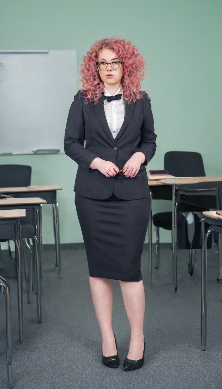 Pink Curly hair pale skin fat glasses woman in suit standing in classroom full body 