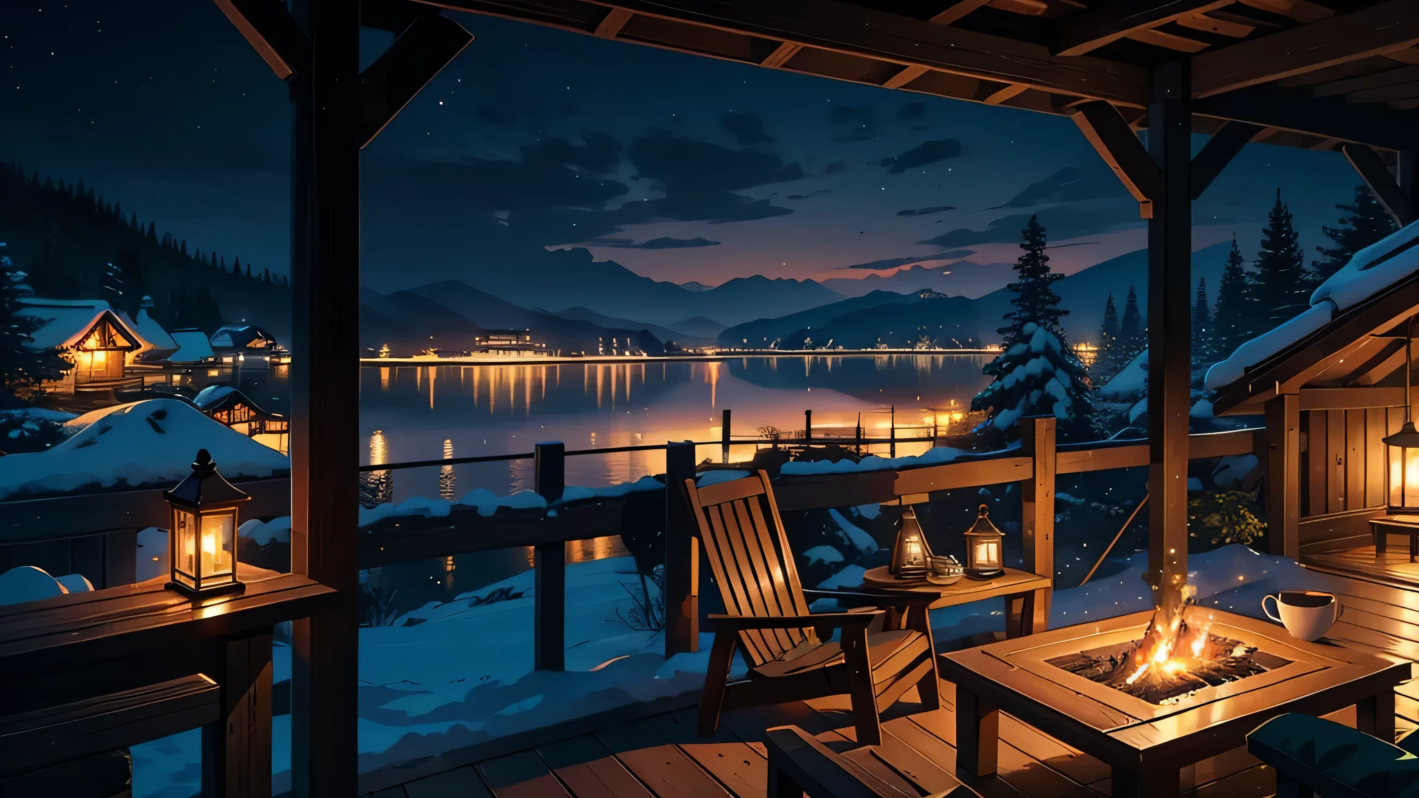 (masterpiece), (best quality), 8K, high detail, Super detailed, Night falls in the village, (Fire lights up the sky), ((warmth and hope)), (silent village), (glowing night)best quality,4K,8K,high resolution,masterpiece:1.2),Super detailed,(current,Photo current,Photo-current:1.37),Cottages,cozy cabin,wide view,Cottages with panoramic sea views,peaceful atmosphere,Very attentive to details,peaceful environment,Panorama of the sea,Quiet location,Brightly lit night scene outside the large window,Stunning night view outside,Quaint and rustic design,hot coffee,tableware,dog sleeping,comfortable furniture,soft warm light,peaceful colors,Picturesque snow scene,,fresh air,breeze,rustling leaves,peace,,nature exploration,adventure,hiding place、The perfect place to relax and meditate。Camping thatched mud house