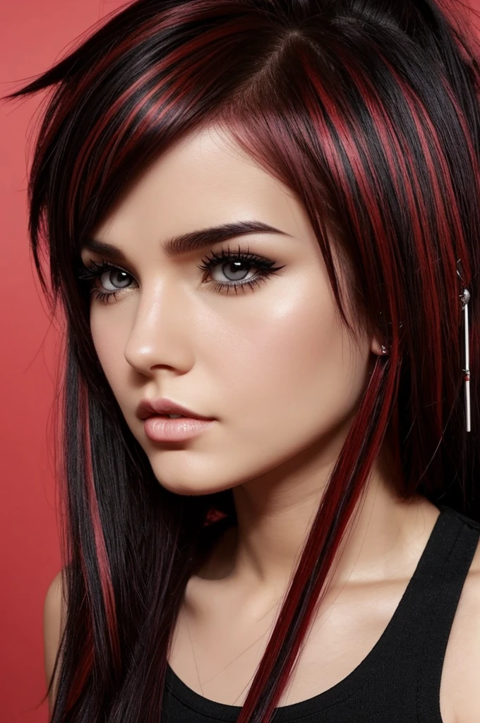 make a girl cartoon character that has a hair with red highlights in a black hair and a bangs, with a side labret piercing. from head to shoulder only, please include the side labret piercing