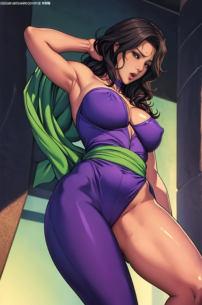 woman((28 years old)), hair((Wavy, Black)), eye((smart eye, green)), Clothes((Purple bodysuit, Strapless, No sleeve, Green sash,)), girl,alone,Gray background,Artistic lighting,Beautiful Asian Goddess,eyelash, Red lipstick, (Shiny costumes),(Wearing a belt around his waist),(Rope Bondage:1.2),((Both wrists tied above the head)),((Show both armpits)),縛られたwoman,Sensual,(風に吹かれるhair),Graceful features,No sleeve,Mature Woman, 成熟したwoman,Detailed fingers, Perfect hands, Length 180cm,Small face,sweating,Soft thighs,Sexy legs,Sexy ass, Cleavage,Open the chest,Smooth thighs and legs,((Amazing orgasm)),大きなSexy ass, Perfect Body Proportions, Slim waist,Nipples visible,Tight waist,(Long legs:1.4),F cup bust,Huge :1.3,perspective:1.2,Looking at the audience,Character-centric,symmetry diagram,whole body:1.5,From below:1.3,Abdominal shot