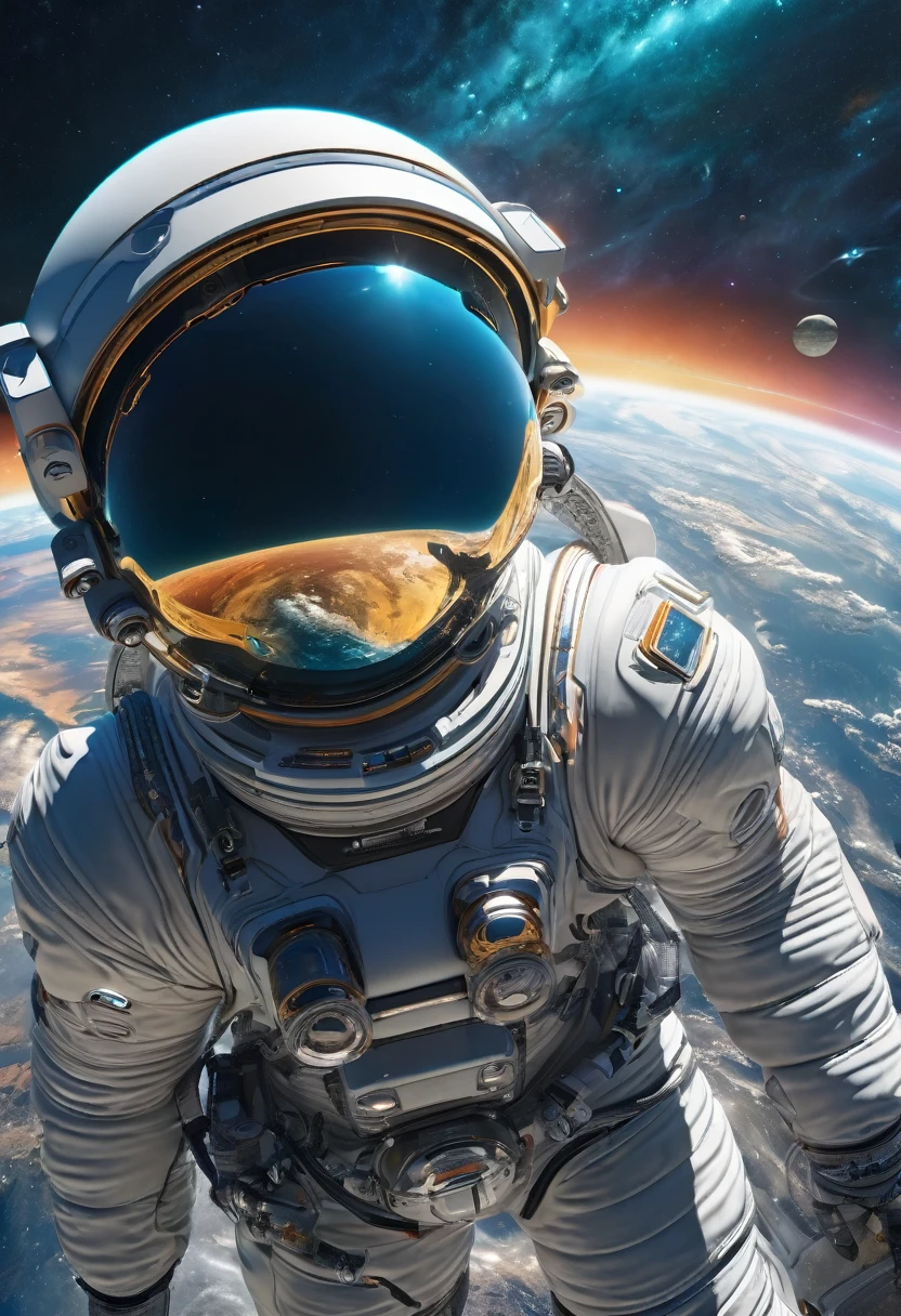 a futuristic astronaut, intricate spacesuit with advanced technology, visor reflecting the vastness of space, floating in zero gravity, serene expression, exploring the mysteries of the cosmos, cinematic lighting, striking colors, hyper-realistic, (best quality,4k,8k,highres,masterpiece:1.2),ultra-detailed,(realistic,photorealistic,photo-realistic:1.37),cinematic angle,dramatic atmosphere,stunning details