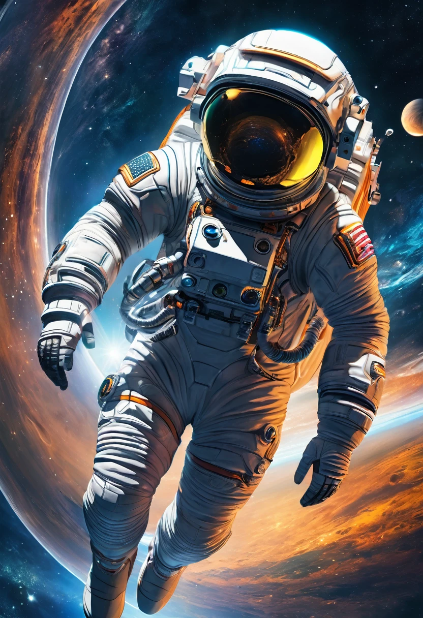 a futuristic astronaut, intricate spacesuit with advanced technology, visor reflecting the vastness of space, floating in zero gravity, serene expression, exploring the mysteries of the cosmos, cinematic lighting, striking colors, hyper-realistic, (best quality,4k,8k,highres,masterpiece:1.2),ultra-detailed,(realistic,photorealistic,photo-realistic:1.37),cinematic angle,dramatic atmosphere,stunning details