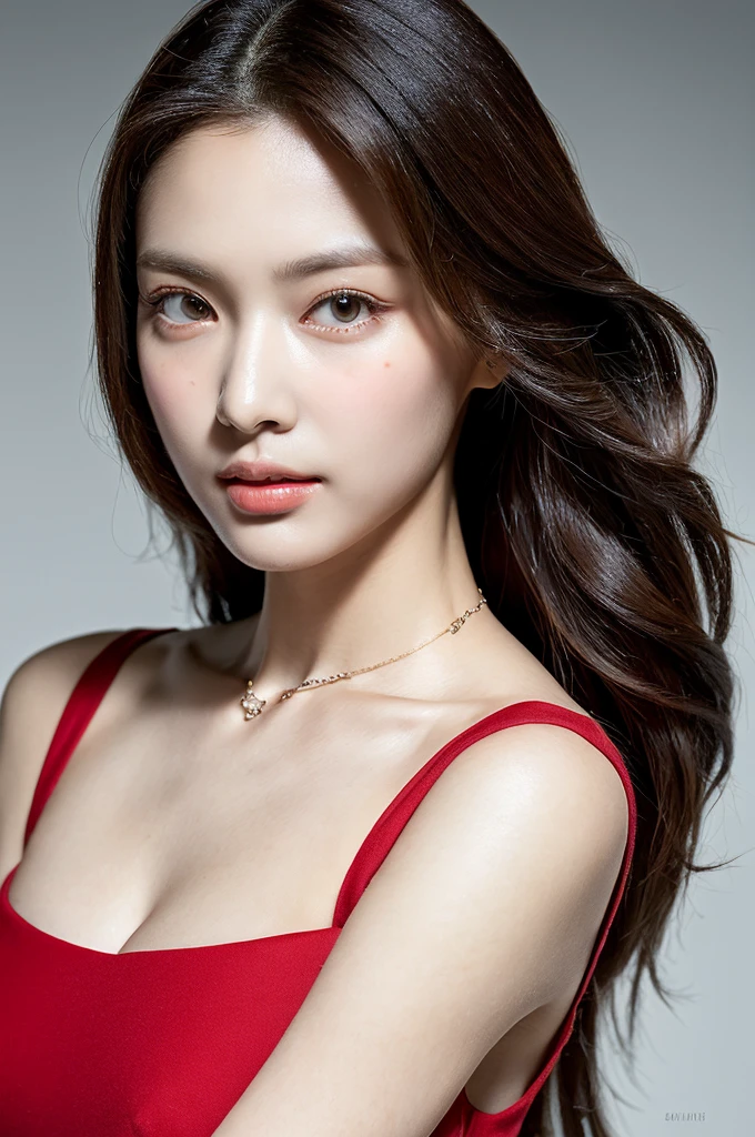 ((masutepiece)), (ultra-detailliert), ((Realistic)), (Better Quality), A very beautiful woman wearing an exclusive luxurious dress and necklace, with long silky hair, Wave hair, and a beautiful red and white color dress. She has sparkling eyes. (((fullllbody))), 8k smooth, Clear facial features, Realistic, Photography, Photoreal, (High Definition :1.0), (Realism:1.4), waist shot, (Realistic skin:1.4), (Exquisite and clear portrait:1.4), (High resolution:1.4), (Fashion portrait photography:1.4), (photos realistic:1.4), (Super realistic:1.4)