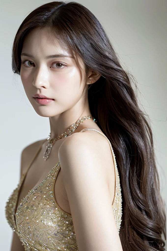 ((masutepiece)), (ultra-detailliert), ((Realistic)), (Better Quality), A very beautiful woman wearing an exclusive luxurious dress and necklace, with long silky hair, Wave hair, and a beautiful red and white color dress. She has sparkling eyes. (((fullllbody))), 8k smooth, Clear facial features, Realistic, Photography, Photoreal, (High Definition :1.0), (Realism:1.4), waist shot, (Realistic skin:1.4), (Exquisite and clear portrait:1.4), (High resolution:1.4), (Fashion portrait photography:1.4), (photos realistic:1.4), (Super realistic:1.4)