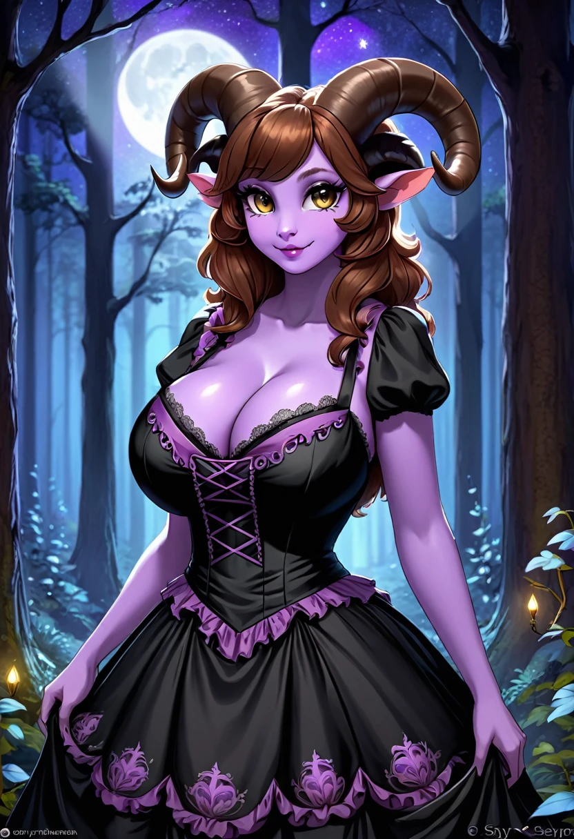 Satyr, female, purple skin, black fur, brown hair, black eyes, straight horns, vantablack dress. perky , cleavag HD, Rococo-Inspired Fantasy Art With Intricate Details. Cute, Charming Expression, Alluring-Gaze, looking at viewer Beautiful Eyes, An-Ideal-Figure. Large Youthful Well-Shaped-Breasts, Attracs showcased. Massiveund-Bosom, Décolletage. slim , fit body, full lipsWarm lights , woman in a dreamy forest at night, (8K High Resolution) (top-quality)