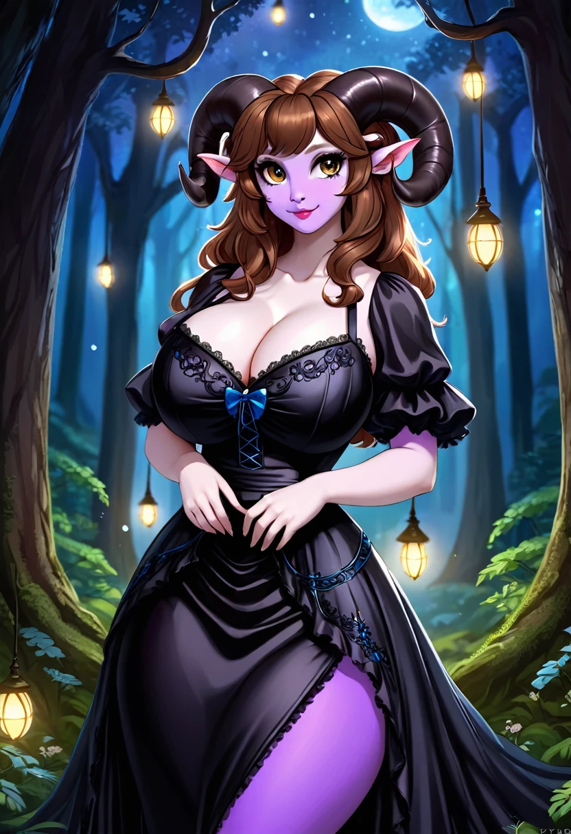 Satyr, female, purple skin, black fur, brown hair, black eyes, straight horns, vantablack dress. perky breasts, cleavage, Ultra HD, Rococo-Inspired Fantasy Art With Intricate Details. Cute, Charming Expression, Alluring-Gaze, looking at viewer Beautiful Eyes, An-Ideal-Figure. Large Youthful Well-Shaped-Breasts, Attractive ass showcased. Massive-Round-Bosom, Décolletage. slim waist, fit body, full lipsWarm lights , woman in a dreamy forest at night, (8K High Resolution) (top-quality)
