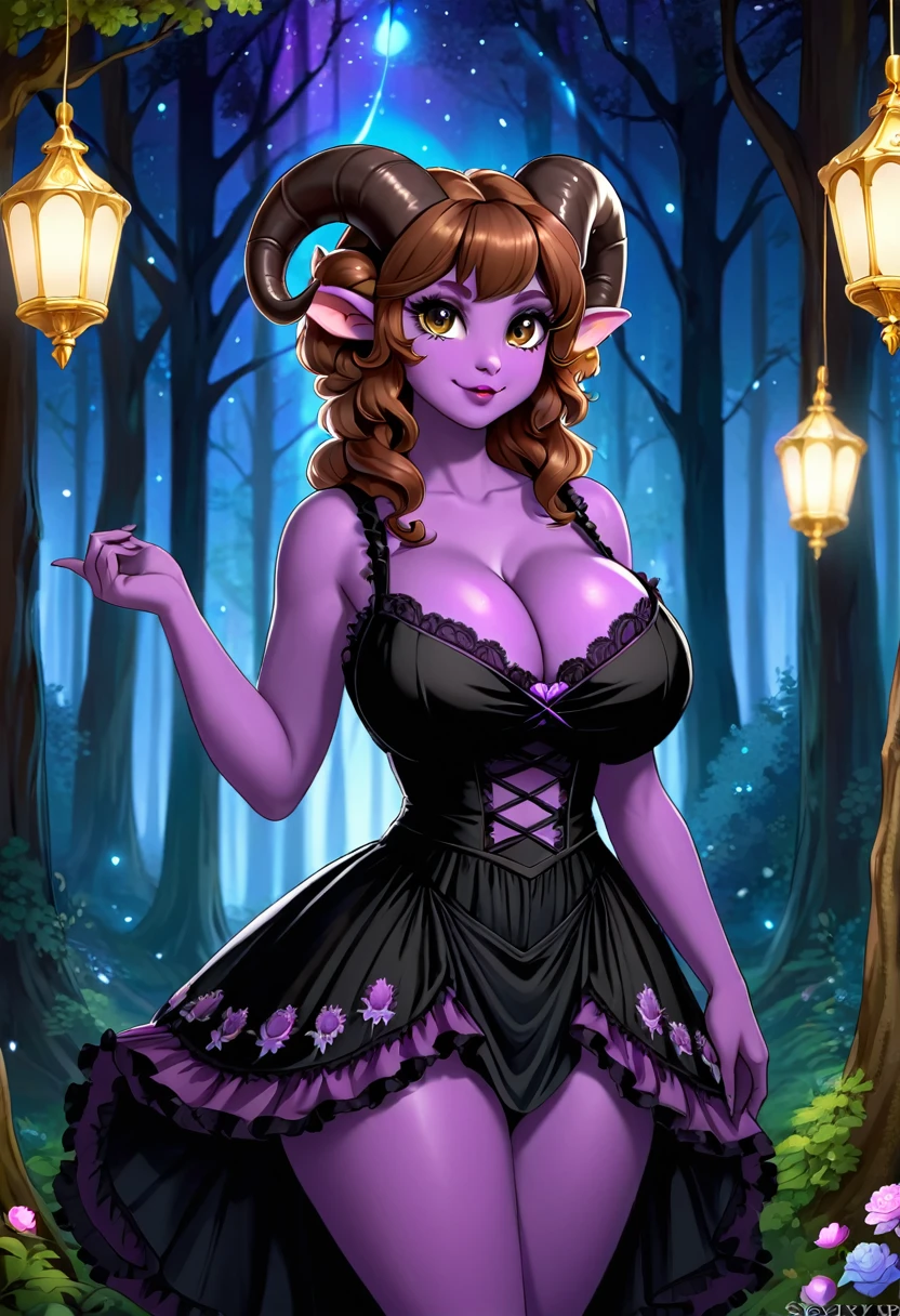 Satyr, female, purple skin, black fur, brown hair, black eyes, straight horns, vantablack dress. perky breasts, cleavage, Ultra HD, Rococo-Inspired Fantasy Art With Intricate Details. Cute, Charming Expression, Alluring-Gaze, looking at viewer Beautiful Eyes, An-Ideal-Figure. Large Youthful Well-Shaped-Breasts, Attractive ass showcased. Massive-Round-Bosom, Décolletage. slim waist, fit body, full lipsWarm lights , woman in a dreamy forest at night, (8K High Resolution) (top-quality)