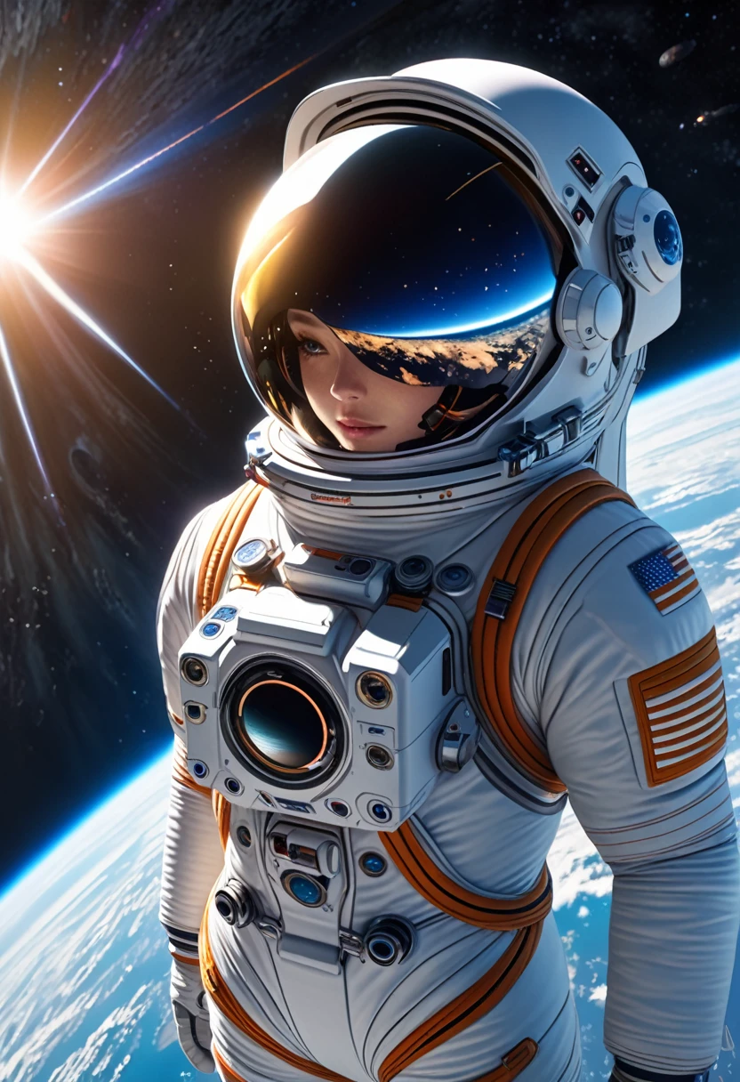 a futuristic astronaut, intricate spacesuit with advanced technology, visor reflecting the vastness of space, floating in zero gravity, serene expression, exploring the mysteries of the cosmos, cinematic lighting, striking colors, hyper-realistic, (best quality,4k,8k,highres,masterpiece:1.2),ultra-detailed,(realistic,photorealistic,photo-realistic:1.37),cinematic angle,dramatic atmosphere,stunning details