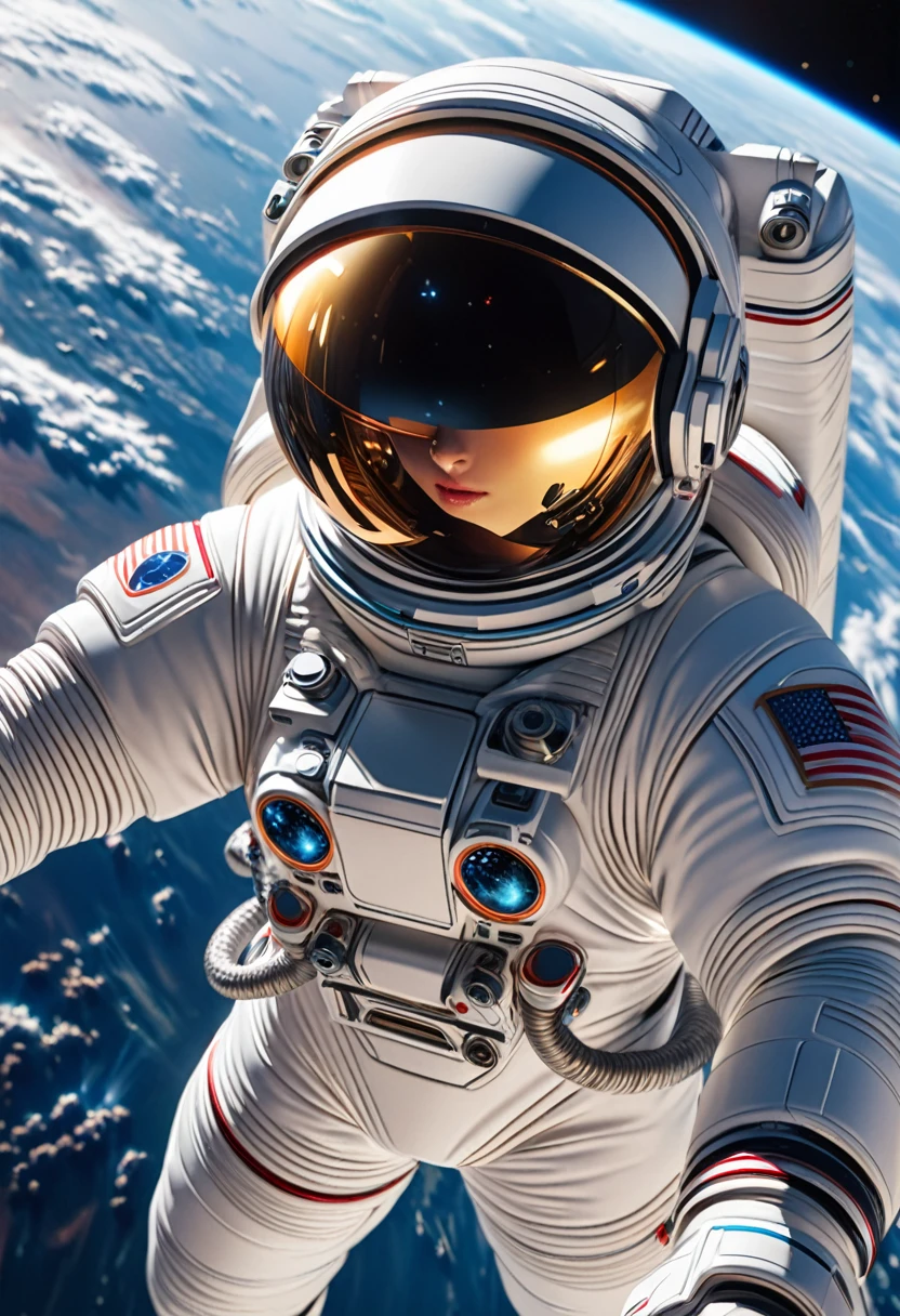a futuristic astronaut, intricate spacesuit with advanced technology, visor reflecting the vastness of space, floating in zero gravity, serene expression, exploring the mysteries of the cosmos, cinematic lighting, striking colors, hyper-realistic, (best quality,4k,8k,highres,masterpiece:1.2),ultra-detailed,(realistic,photorealistic,photo-realistic:1.37),cinematic angle,dramatic atmosphere,stunning details