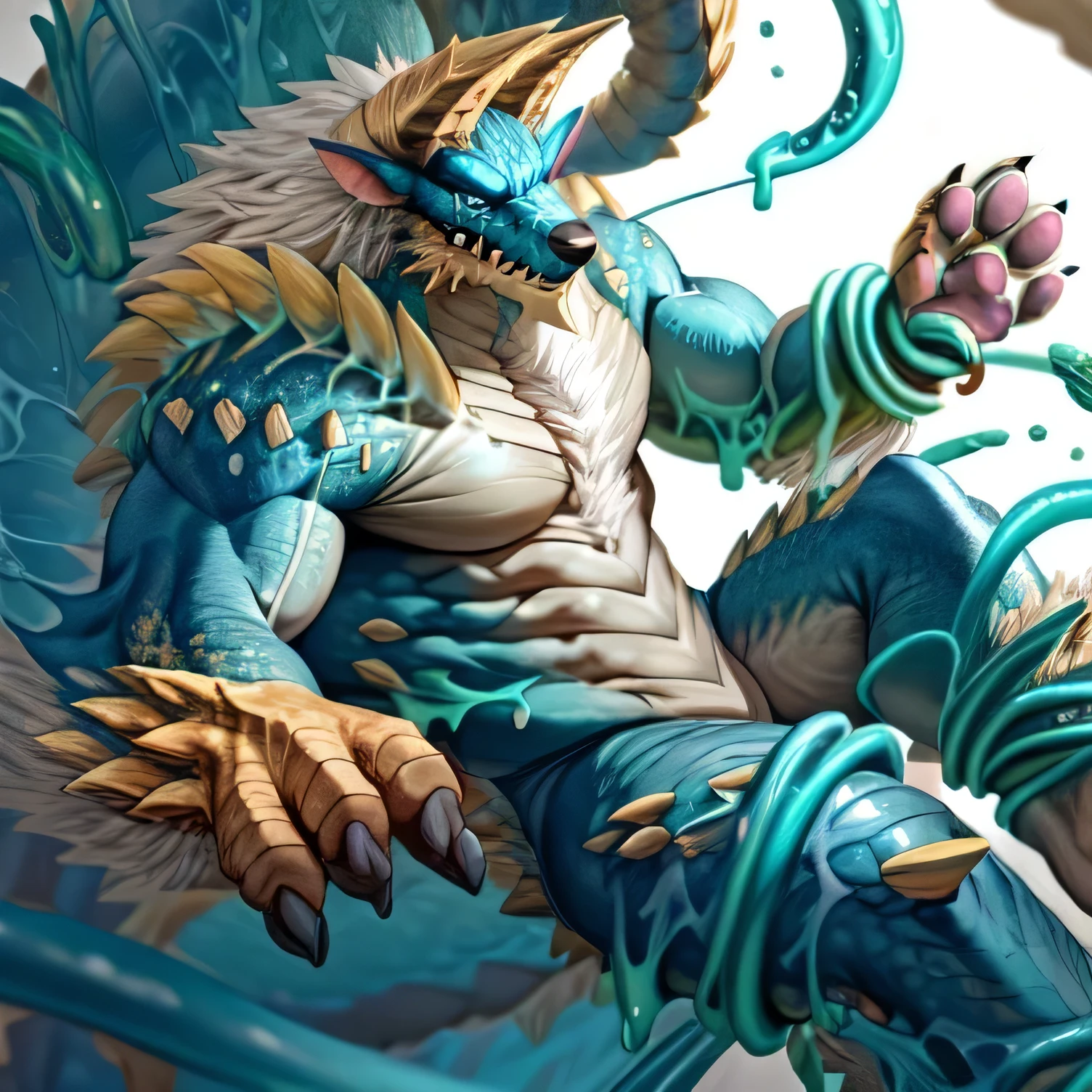 anthropology,(zinogre:1.2),Tail,((whole body,blue eyes, Blue body, White furry, Yellow Hand, Feet, Blue face,4 toes,Tail )),,muscular, whole body, (author:null-ghost,From raccoon21,masterpiece,high quality), Night Fight,((boundary)), rest (((Slime monster uses tentacles to fight dragon)),4 toes,struggle, (pain:1.3),frown,annoyed, Worry,full body,pawpads,((horns))