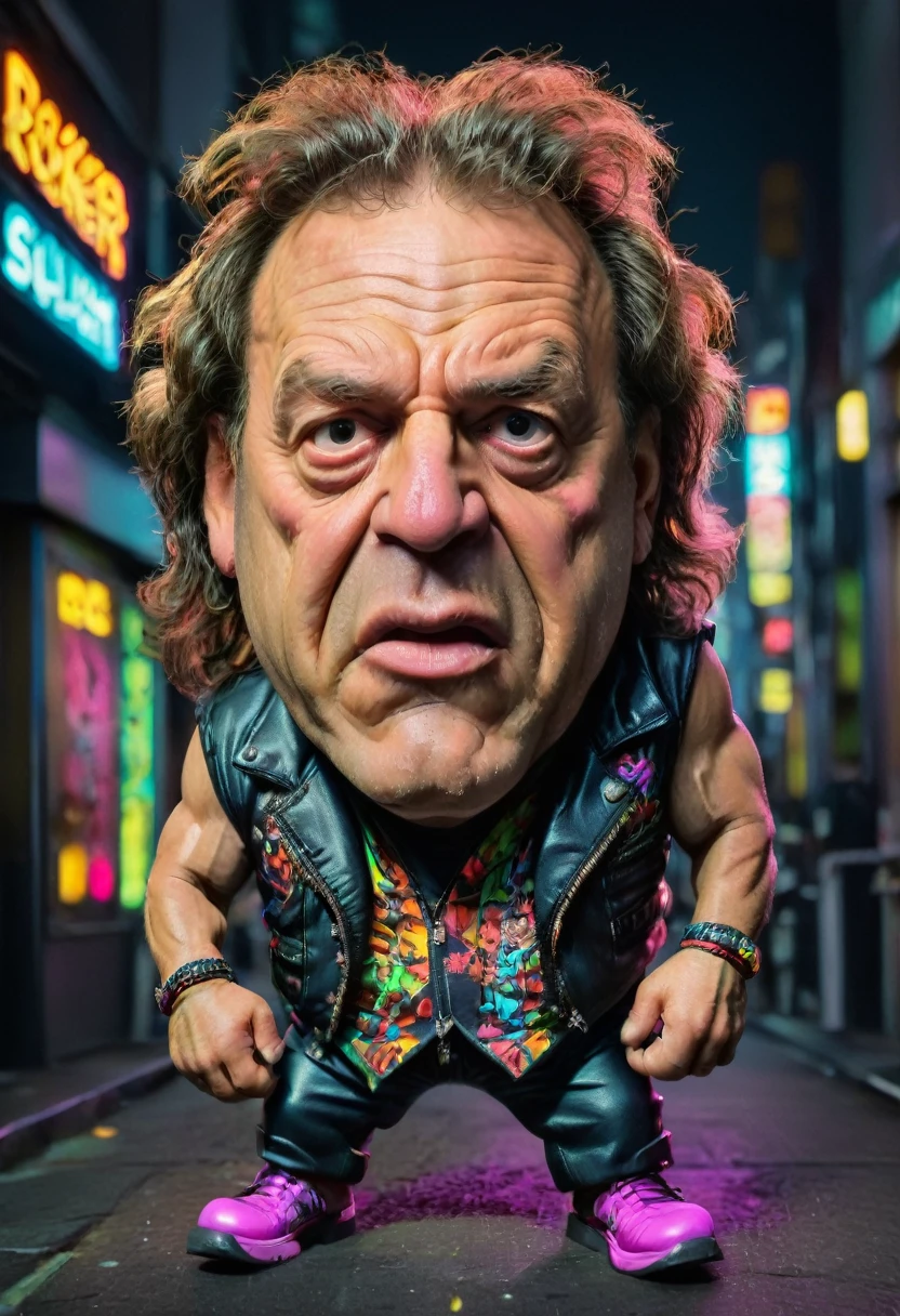 caricature full-length portrait in bright colors Brian Johnson with a medium head and exaggerated features on a neon-lit Tokyo street in rocker outfit