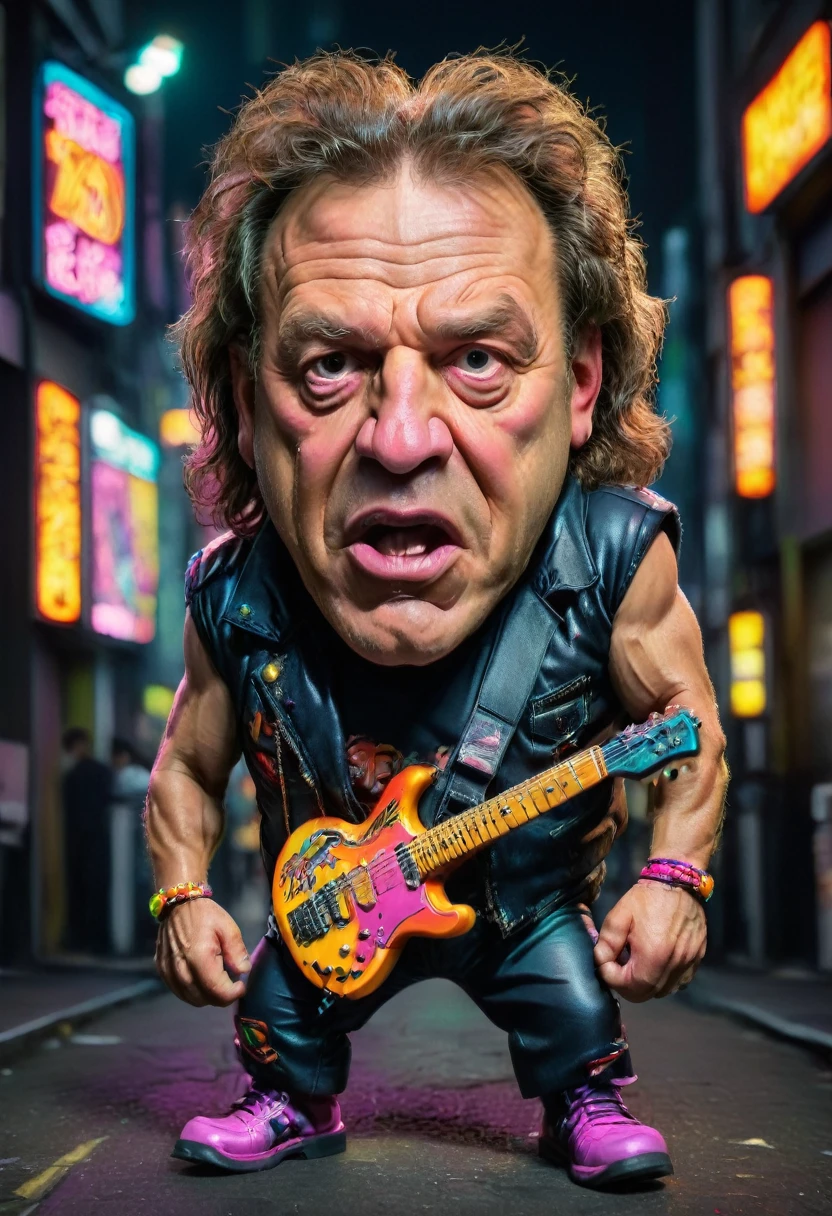 caricature full-length portrait in bright colors Brian Johnson with a medium head and exaggerated features on a neon-lit Tokyo street in rocker outfit