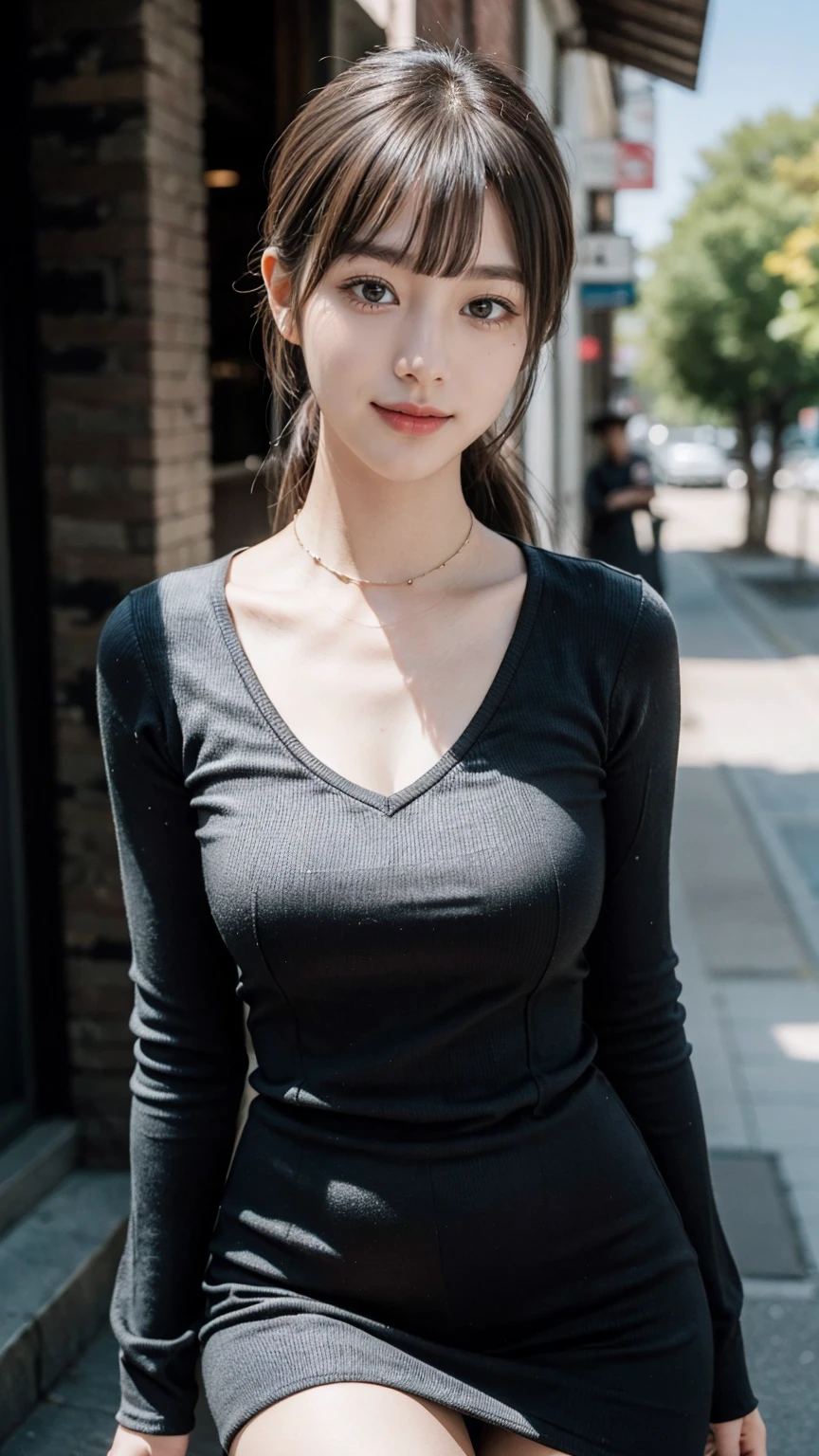 (best quality, masterpiece:1.3), (actual, photo actual:1.3), ultra high resolution, ultra high definition, Extremely detailed CG unified 8k wallpaper, (actual skin, Delicate skin), (perfect anatomy), (official art, Beautiful and beautiful), (generous smile:1.3), (seductive face:1.3), (korean woman:1.3), alone, depth of field, street，(big breasts:1.1)，(cowboy shot:1.5)，（maxi dresses:1.3), (necklace), (naturally look at camera:1.3), (blunt bangs:1.5), (stockings), (ponytail hairstyle:1.3)