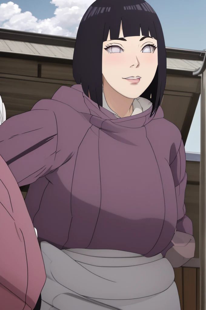 masterpiece, absurdres,hinata\(boruto\), 1girl,mature female, solo, Very big breasts, purple hoodie,layered sleeves, brown pants, outdoors, smile, looking at viewer, cowboy shot,sitting,