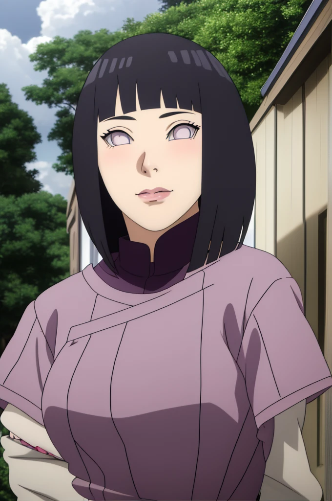 Masterpiece, Hinata\(Boruto\), 1 girl, alone,mature woman, weaeing mini camusole,  outdoor, look at viewer, (petals falling), The sky is cloudy, laundry-ing, perfect composition, details lips, big breast, Beautiful face, body proportions, Blush, (pink lips), long hair,  purple eyes,  soft stare, sad smile,  Very realistic, details, photography, accurate faces and bodies, stay-at-home wife, 