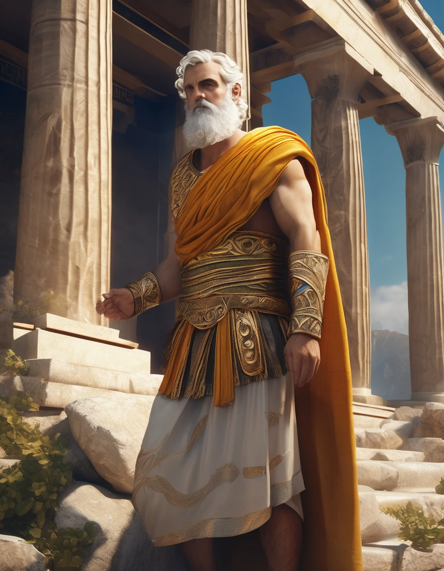 (best quality,4k,8k,highres,masterpiece:1.2),ultra-detailed,(realistic,photorealistic,photo-realistic:1.37), dnd character art, a bard with white hair and beard, dressed like an Ancient Greek philosopher, Greek tunic with gold embroidery, Greek toga, hairy, hairy arms, standing before a Greek temple, skinny, small and slim, hairy, Greek mythology, bright colors