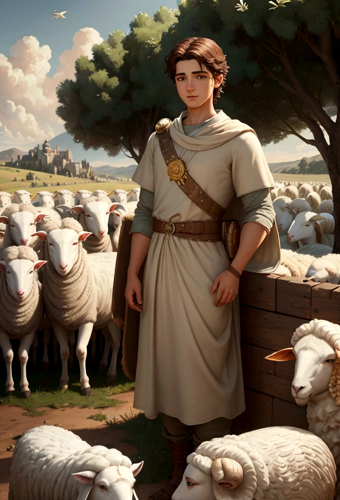 illustration of David as a young shepherd, around 15 years old, wearing a simple tunic of the time and a flock of sheep in the background. an expression of serenity and confidence on his face. cinematographic, 8k, pixar style, 3D style, Disney style, high quality