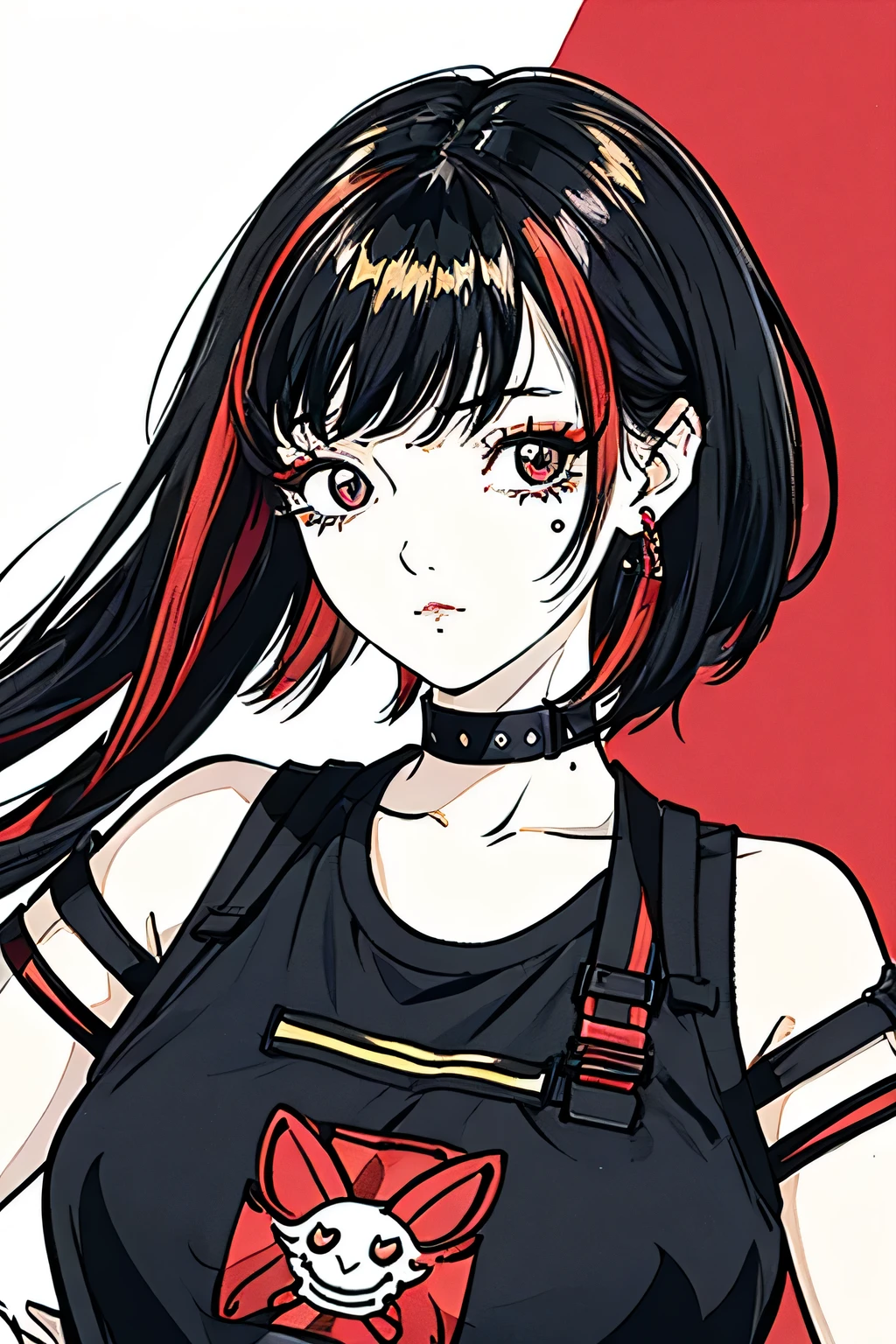 make a girl cartoon character that has a hair with red highlights in a black hair and a bangs, with a side labret piercing. from head to shoulder only, please include the side labret piercing