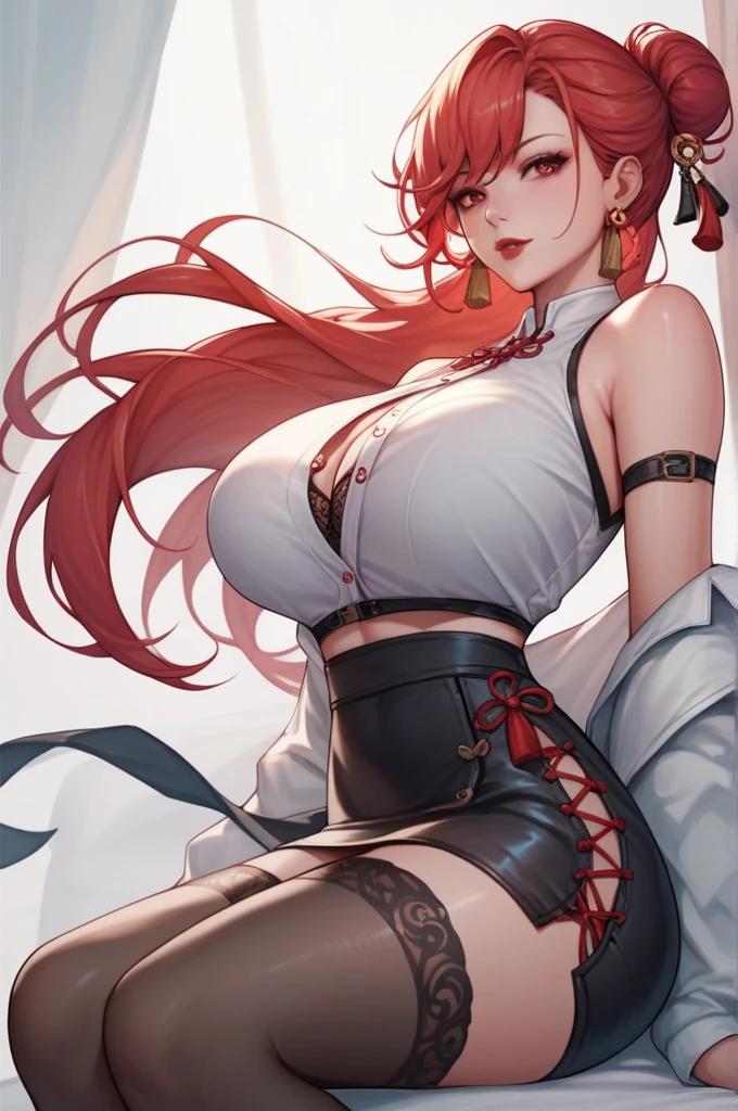 score_9, score_8_up, score_7_up, score_6_up, score_5_up, score_4_up, yu hee, red eyes, red hair, long hair, large breasts, bare shoulders, tassel earrings ,big breasts ,red lipstick, stockings , white shirt,skirt, black laced bra, hair bun
