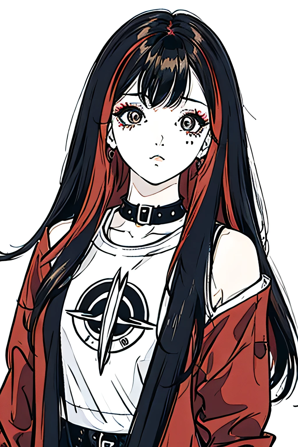 make a girl cartoon character that has a hair with red highlights in a black hair and a bangs, with a side labret piercing. from head to shoulder only, please include the side labret piercing