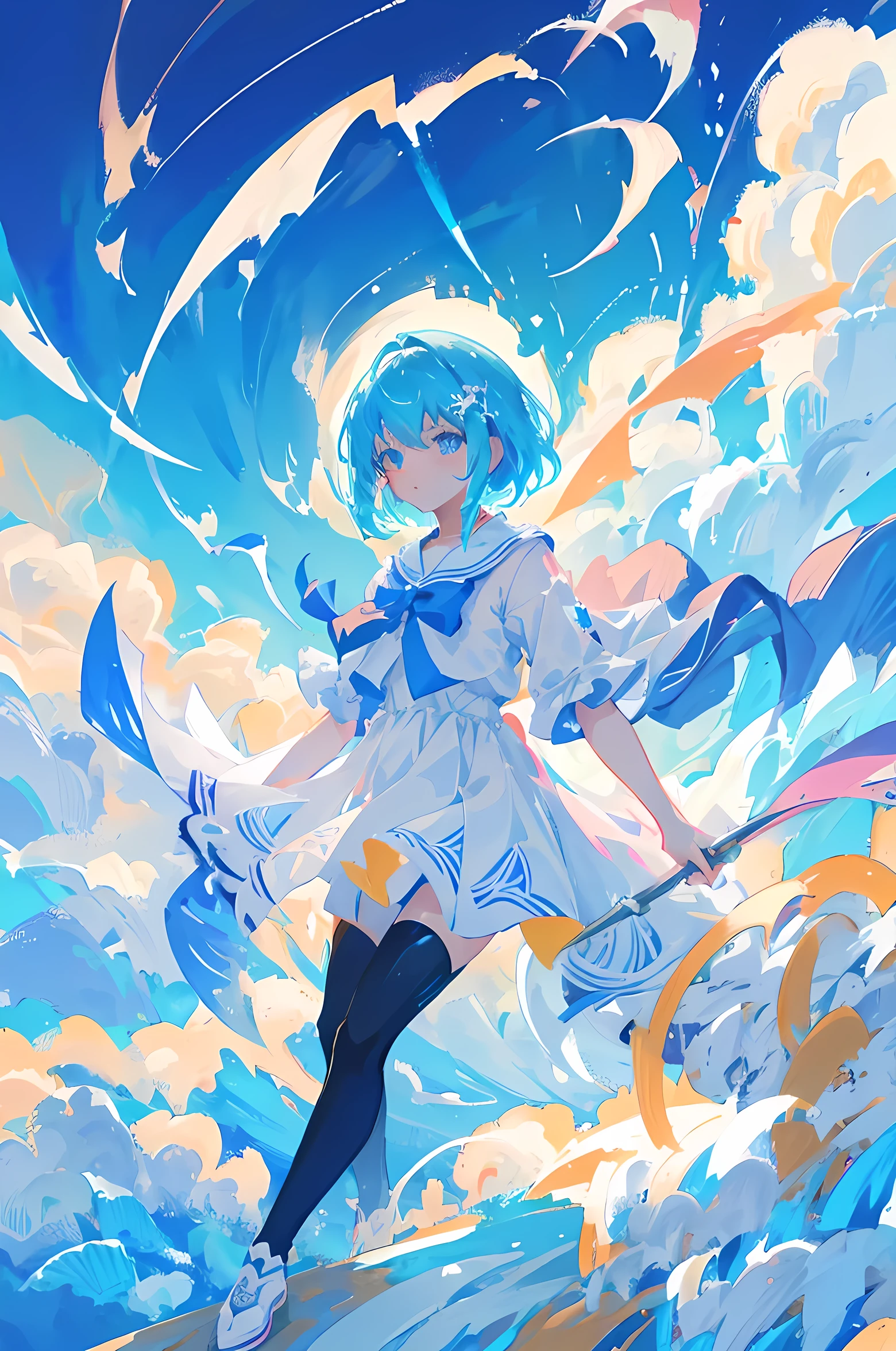 anime girl flying through the air with a blue and white dress, trending on artstation pixiv, splash art anime , zerochan art, pixiv contest winner, digital art on pixiv, guweiz on pixiv artstation, anime art wallpaper 8 k, clean detailed anime art, anime fantasy illustration, beautiful anime artwork, anime face, masterpiece, high quality, detailed face, realistic skin