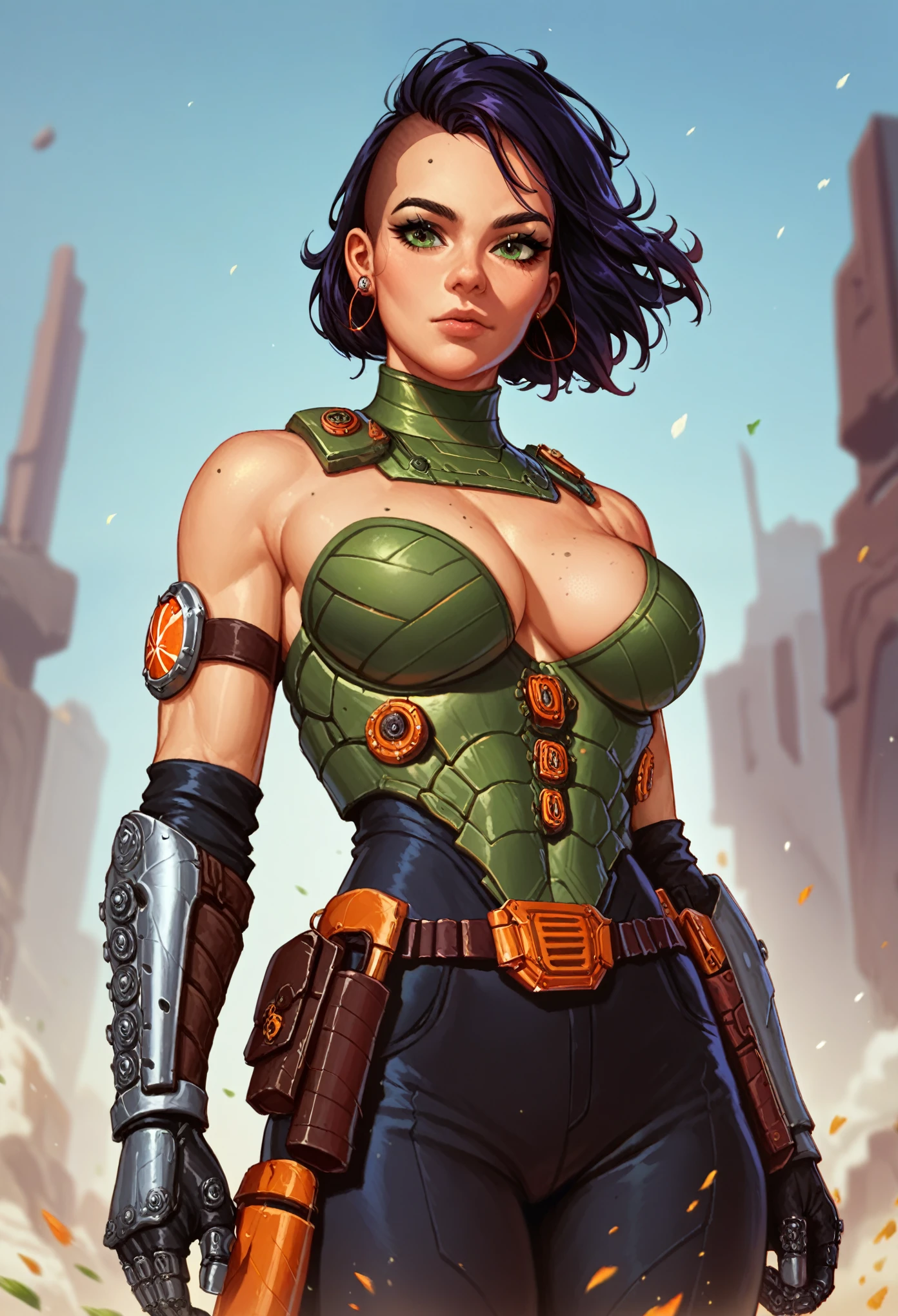 score_9, score_8_up, score_7_up, score_6_up, score_5_up, score_4_up, source_anime, medium shot, female soldier *((Doomguy)), torso shot, focus on cleavage hentai 