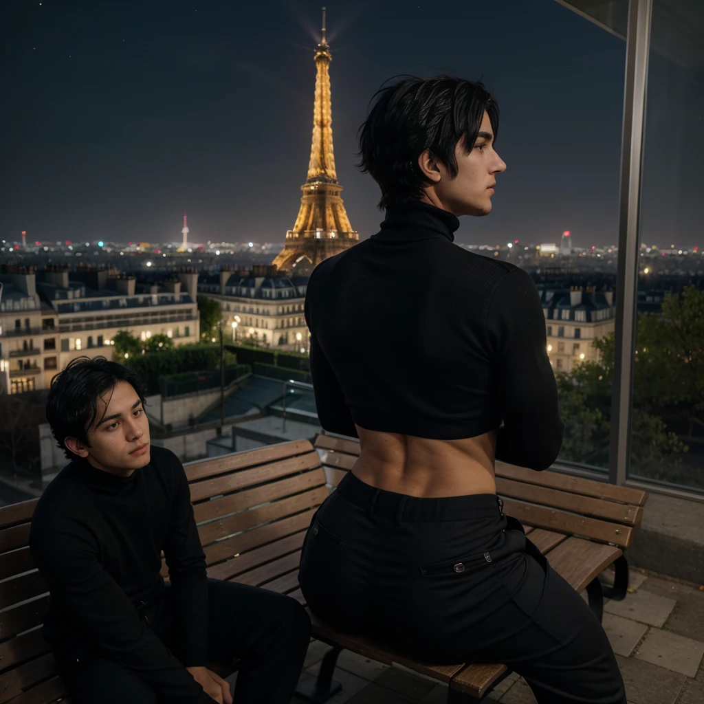 a boy with messy black hair facing his back wearing a black turtleneck and pants hearing a hood sitting on a bench on top of the mountain overlooking tower Eiffel at night