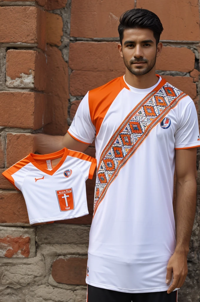 Create a white Chilean soccer team t-shirt with Peruvian motifs and orange mantle-like details..paracas on short sleeves..