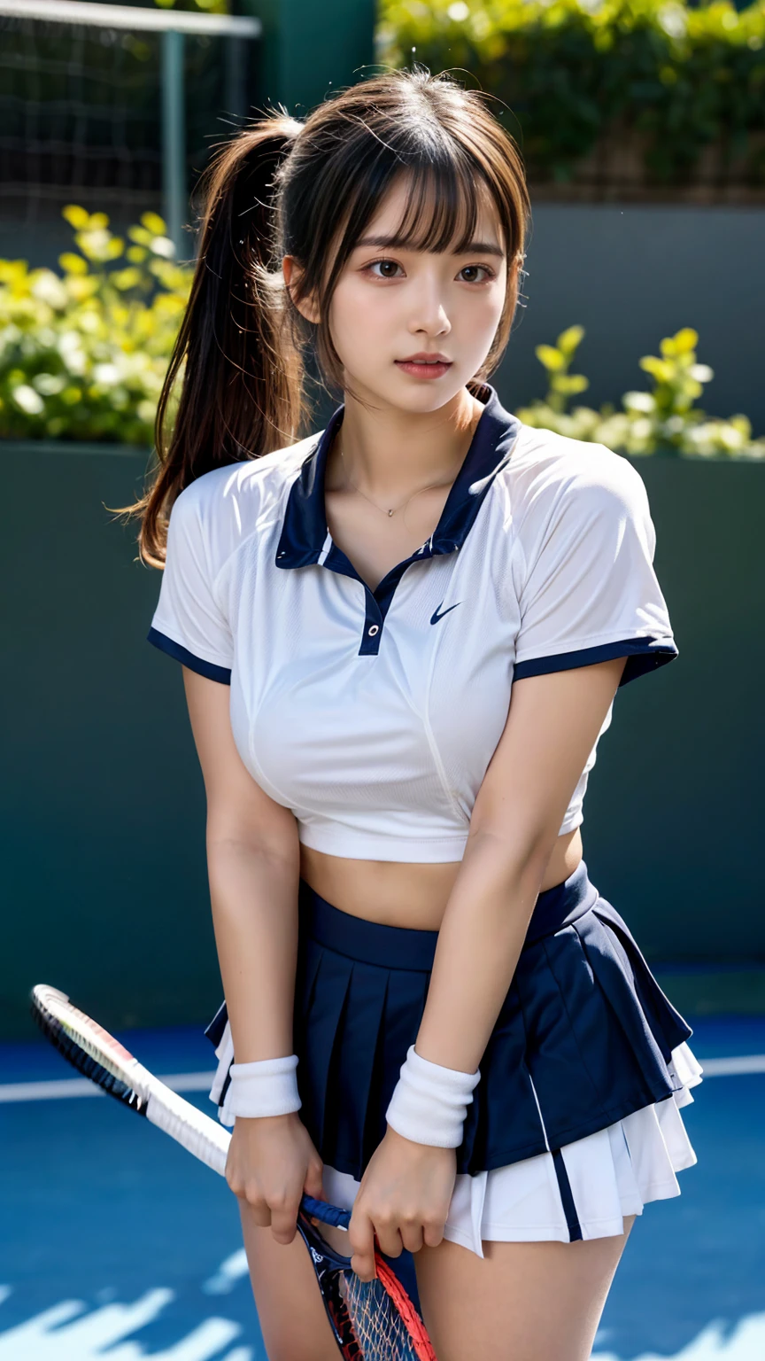 masterpiece, best quality, illustration, Super detailed, fine details, High resolution, 8K,wall paper, perfect dynamic composition, front view, standing, 18 year old girl, tennis player, Gravure Idol, cute type, (Details High quality, realistic depiction of eyes:1.3), (Colossal tits:1.2), expresses the roundness and softness of your chest., low ponytail, bangs, black hair color, Dark makeup, Big Natural Color Lip, thick thighs, perfect body shape, plump figure, large hips, beautiful clavicle, white tennis uniform, short sleeve, shirt, skirt, socks, tennis shoes, depth of fields, natural lighting