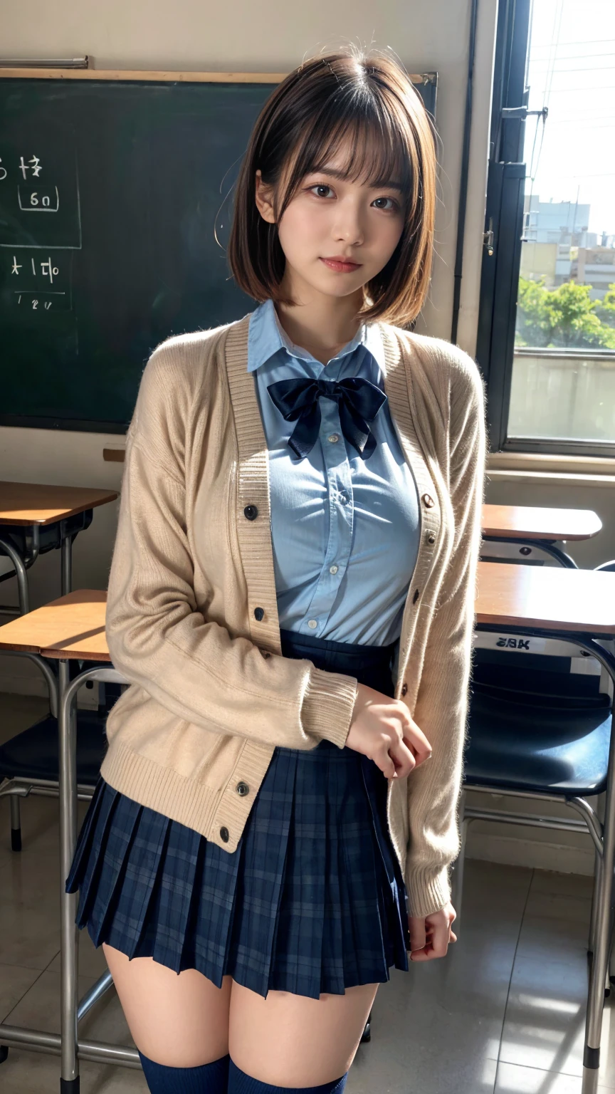 masterpiece, best quality, illustration, Super detailed, fine details, High resolution, 8K,wall paper, perfect dynamic composition,(Details High quality, realistic depiction of eyes:1.3), High School Classroom、High school girl uniform、Cardigan、Super Short Check Uniform Skirt、Navy blue high socks、garterbelts、Colossal tits、Disturbed uniform、short bob hair, black hair color, Big Natural Color Lip, bold sexy pose, (perfect body shape), crying a little、Harajuku style、20 year old girl、cute type, beautiful legs, hposing Gravure Idol, Voluptuous thighs