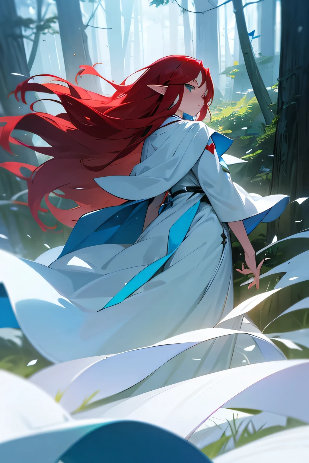 Elf adult girl, red long hair, shaggy hair, magician, light cold eyes, white and blue clothes, black ghotic dress, closed clothing, lazy and calm disinterested, green eyes, forest