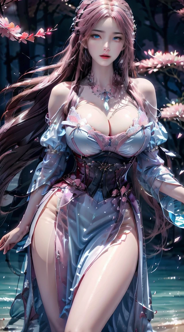 photorealistic, high resolution, 1women, shining skin, solo, tattoo, jewelry, pink lip, long hair, blue eye, closed mouth,  up, corset dress, cherry blossoms, huge round 