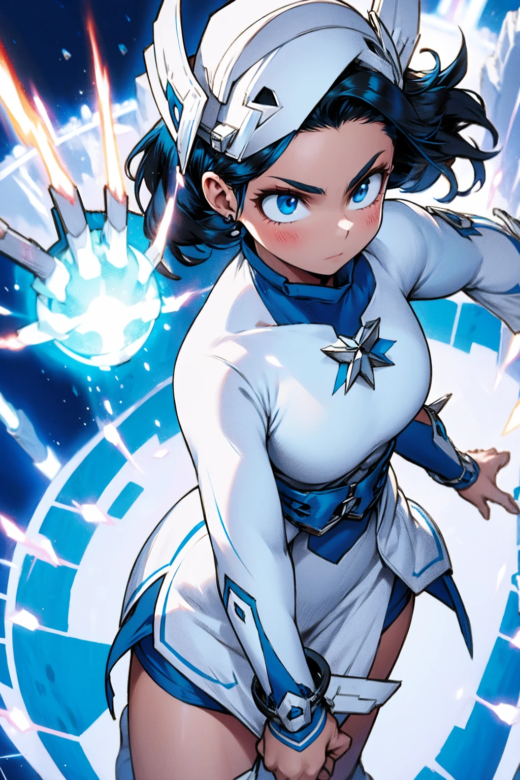 White attire, Hero costume, white and blue color costume, black and white details, fundo cinza, detailded.