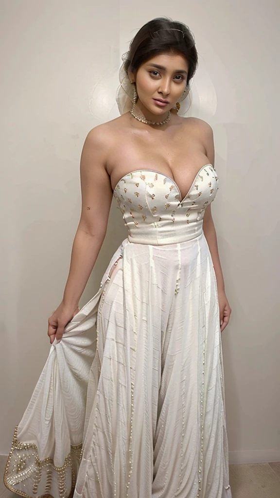 milf,big round ,curvy hourglass body,((Wearing strapless white salwar kameez exposing cleavage)),((in a simple colour background photoshoot)),highly ultra realistic photo