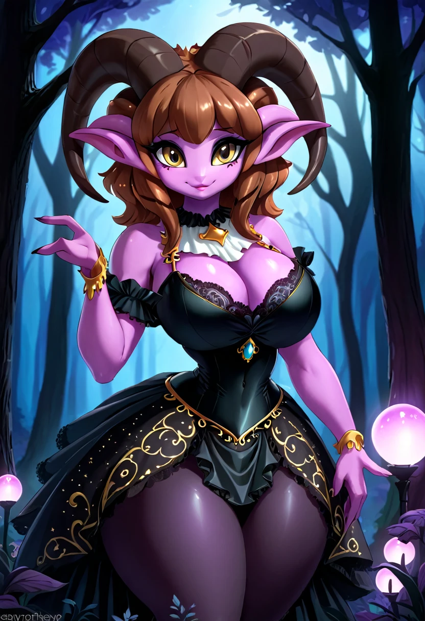 Satyr, female, purple skin, black fur, brown hair, black eyes, straight horns, vantablack dress. perky breasts, cleavage, Ultra HD, Rococo-Inspired Fantasy Art With Intricate Details. Cute, Charming Expression, Alluring-Gaze, looking at viewer Beautiful Eyes, An-Ideal-Figure. Large Youthful Well-Shaped-Breasts, Attractive ass showcased. Massive-Round-Bosom, Décolletage. slim waist, fit body, full lipsWarm lights , woman in a dreamy forest at night, (8K High Resolution) (top-quality)