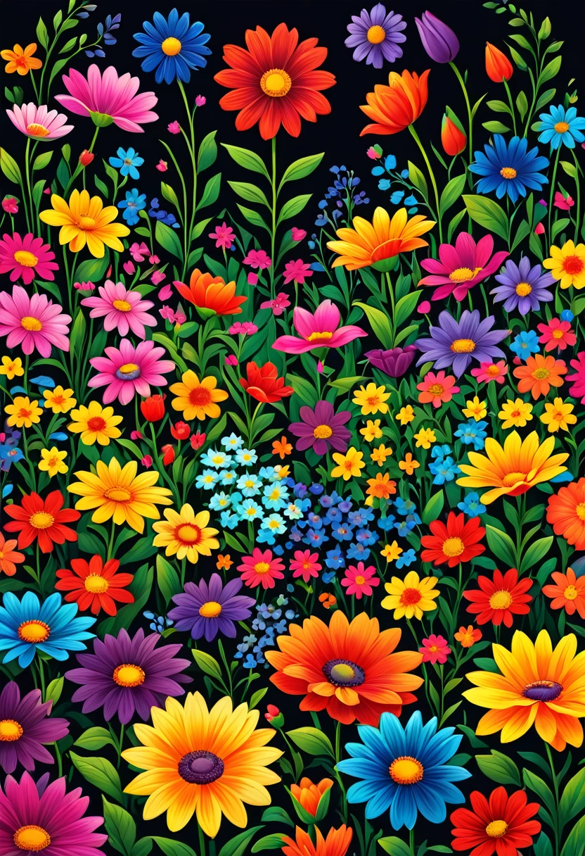 illustration of a flower garden, vivid color intense color vivid color book cover multi color happy color very dark background and bright flowers deep dark round shape in the middle of the cover