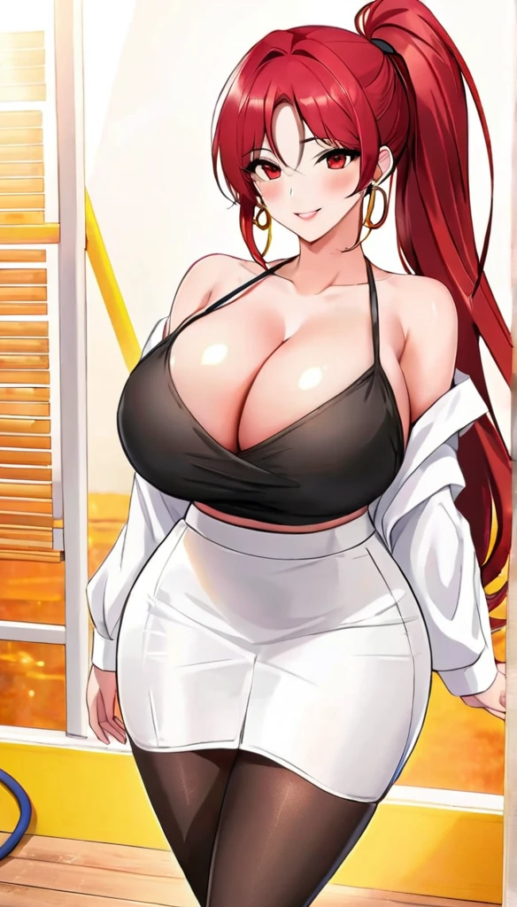 (best quality:1.4), (ultra highres:1.2), (8k, RAW photo, manhwa-artstyle, 1girl, solo, long hair, looking at viewer, smile, red hair, bare shoulders, red eyes, bikini ,Perfect Hands, ponytail, big hoop earrings ,full body view,white shirt,blck skirt, stockings,huge breasts, cleavage