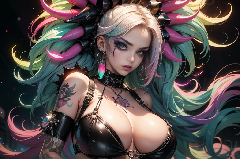 (masterpiece, top quality, best quality, official art, beautiful, cosmic, atmospheric, psychedelic, dreamlike and aesthetic, swirling psychedelic cosmic graffiti patterns:1.2), (1girl), extreme detailed,(fractal art:1.3),colorful,highest detailed, "(Best Quality, 8K, 32K, masutepiece:1.3), Ultra-detailed, (Photorealistic:1.4), pink and white colors, perfect color scheme, albino, Punk rock Girl, Detailed moonlight eyes, full body portrait, Luxurious neon white punk hair, Edgy Harajuku-inspired punk rock fashion, super huge enormously gigantic tits, cleavage showing, Avant-garde makeup, Numerous piercings, Heavily tattooed body, swirling psychedelic cosmic dreamlike graffiti pattern background