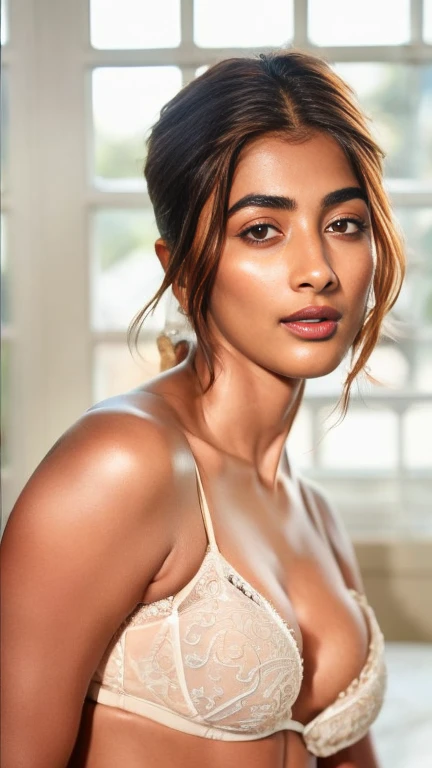 No make up, cool temperature,extreme close up photo of naked Pooja hegde,slim,white lingerie, bedroom,  intricate details, cold room, lean eyebrow, pooja hegde,pooja1, free shaggy hair,(( fair skin))