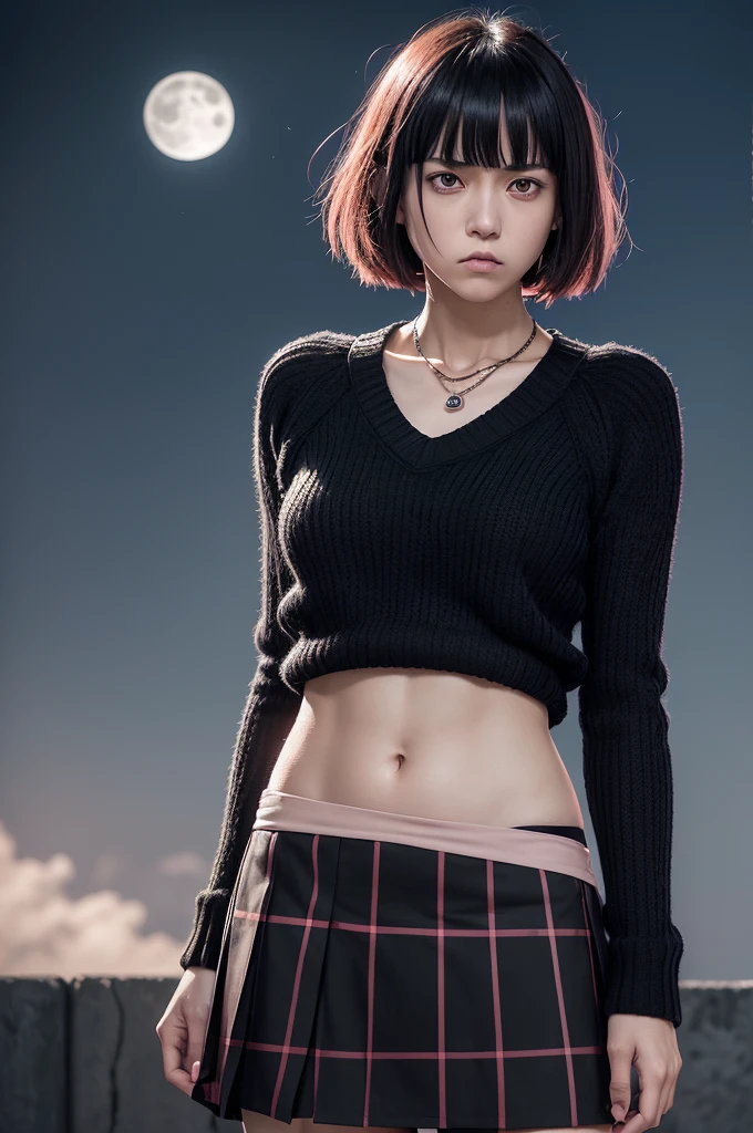 Make images for me:

estilo anime jujutsu kaisen.

make a woman character + (skin fair, Short voluminous straight black neck length hair with bangs, light salmon eyes, angry, embarrassed face and flushed cheeks with arms crossed in a baggy black sweater, a moon shaped necklace, black plaid skirt looking to the side, fund: stary night.