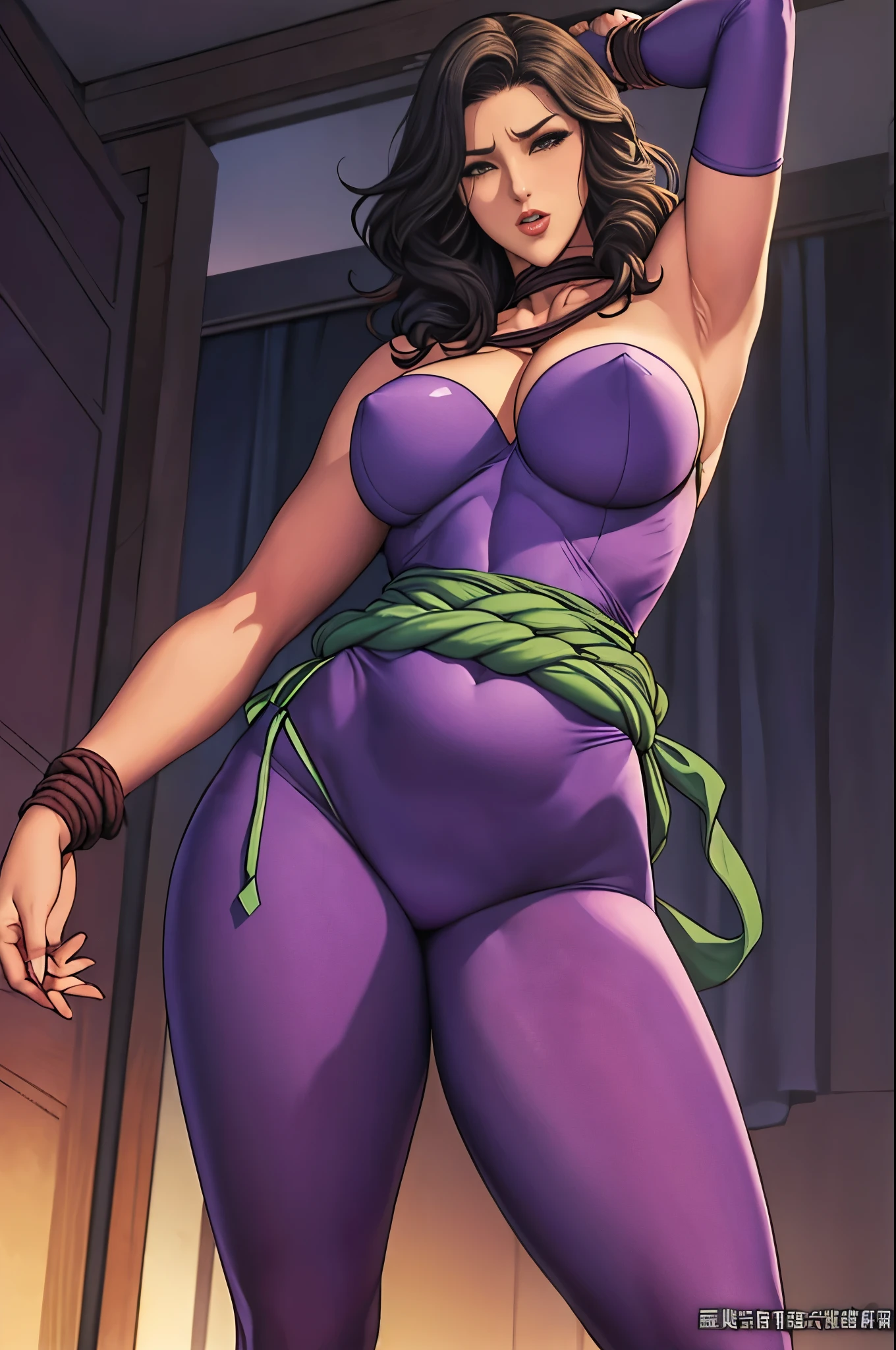 woman((28 years old)), hair((Wavy, Black)), eye((smart eye, green)), Clothes((Purple bodysuit, Strapless, No sleeve, Green sash,)), girl,alone,Gray background,Artistic lighting,Beautiful Asian Goddess,eyelash, Red lipstick, (Shiny costumes),(Wearing a belt around his waist),(Rope Bondage:1.3),((Both wrists tied above the head)),((Show both armpits)),縛られたwoman,Sensual,(風に吹かれるhair),Graceful features,No sleeve,Mature Woman, 成熟したwoman,Detailed fingers, Perfect hands, Length 180cm,Small face,sweating,Soft thighs,Sexy legs,Sexy ass, Cleavage,Open the chest,Smooth thighs and legs,((Amazing orgasm)),大きなSexy ass, Perfect Body Proportions, Slim waist,Nipples visible,Tight waist,(Long legs:1.4),F cup bust,Huge :1.3,perspective:1.2,Looking at the audience,Character-centric,symmetry diagram,whole body:1.5,From below:1.3,Abdominal shot