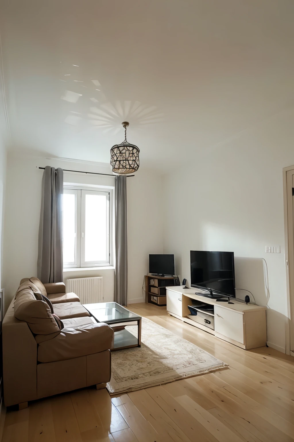 living room with walls 3 meters wide by 7 meters deep seen from the front 