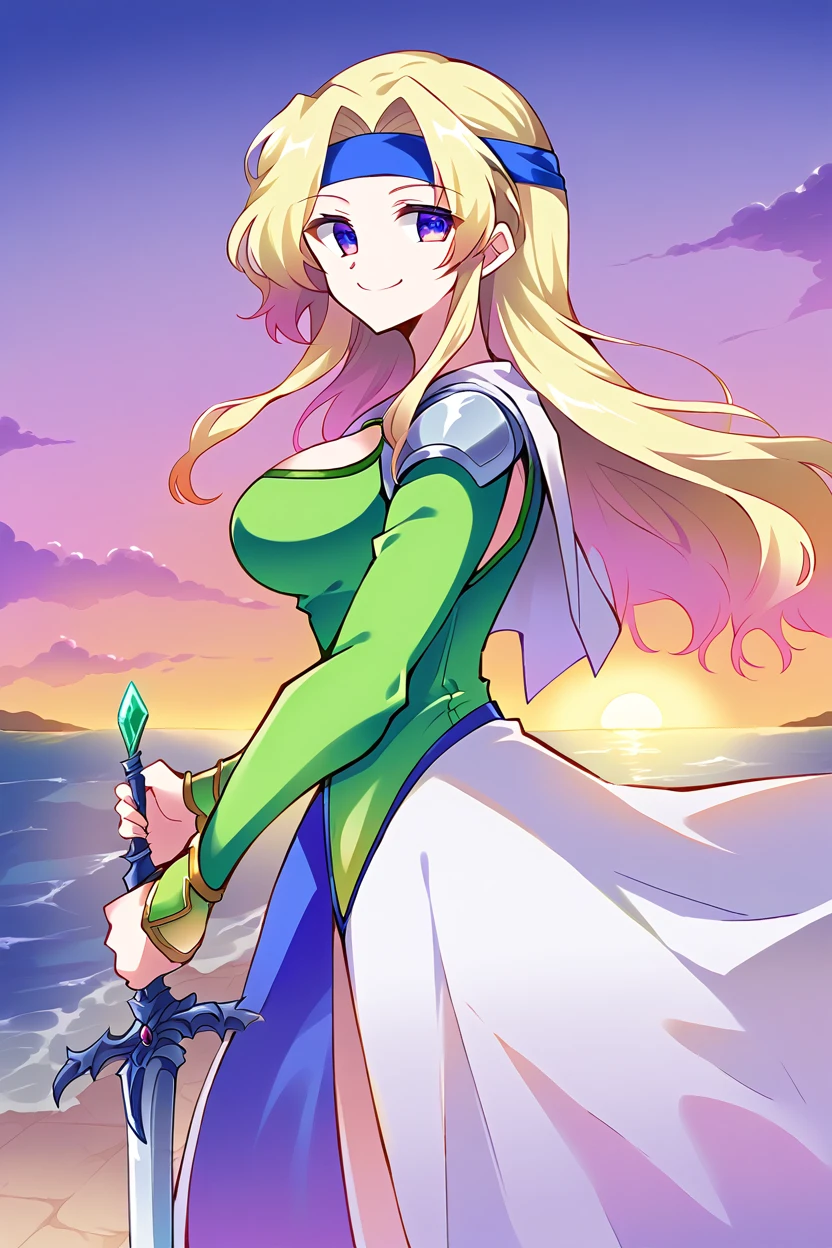 score_9, score_8_above, fountain_cheered up, 1 girl, solo break celes chhere, by rubio, Blue headband, green leotard, white coat, shoulder pads, wifes, neckline, looking at the viewer, SMILE, ocean, sunset, holding the sword, aboveper body