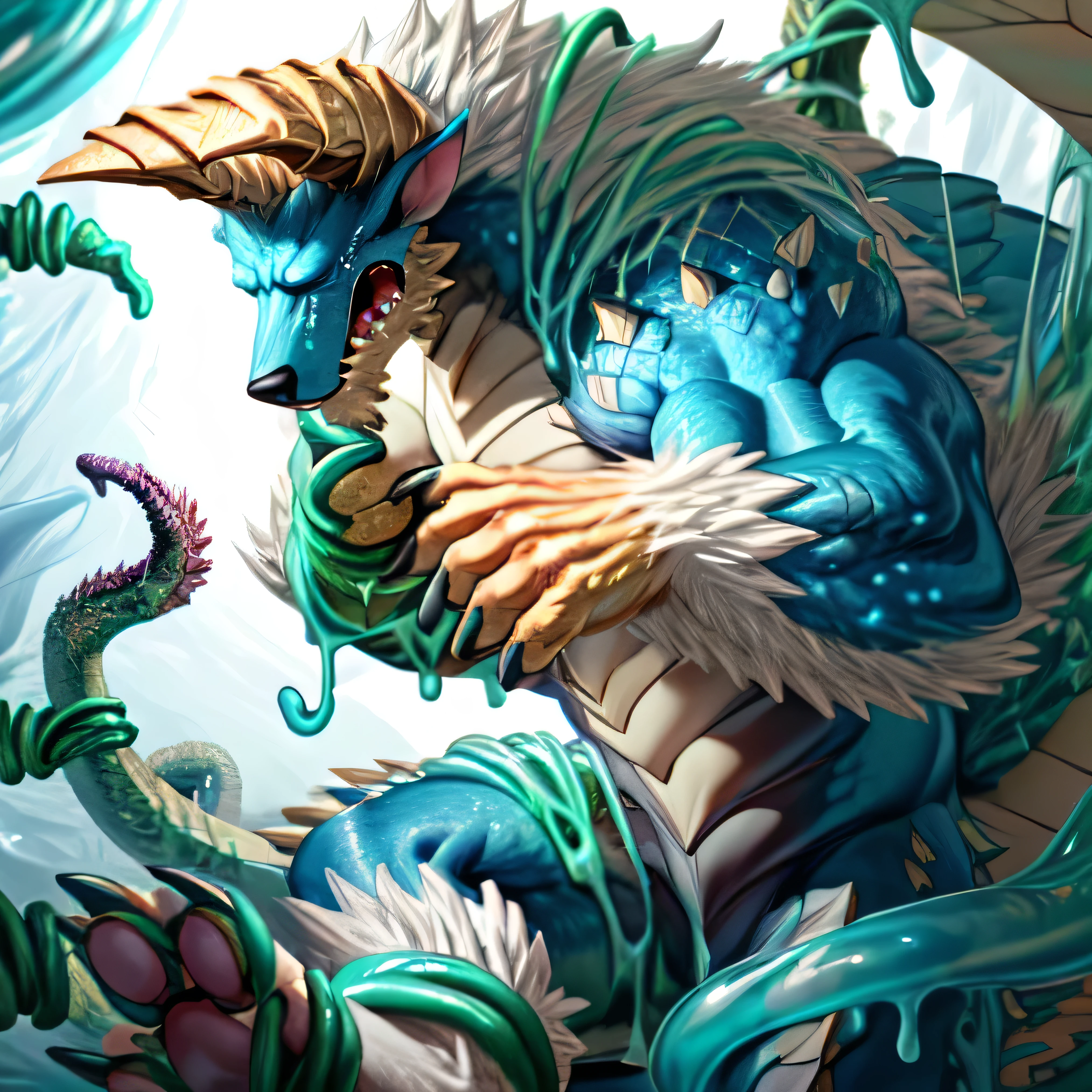 anthropology,(zinogre:1.2),Tail,((whole body,blue eyes, Blue body, White furry, Yellow Hand, Feet, Blue face,4 toes,Tail )),,muscular, whole body, (author：null-ghost,From raccoon21,masterpiece,high quality), Night Fight,((boundary)), rest (((Slime monster uses tentacles to fight dragon))，4 toes，struggle, (pain:1.3)，frown，annoyed, Worry,full body,pawpads,((horns))