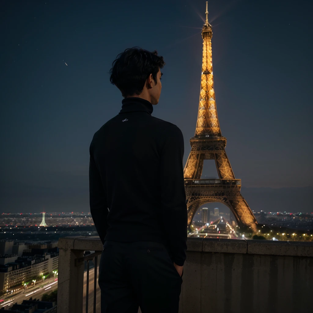 a boy with messy black hair facing his back wearing a black turtleneck and pants on top of the mountain overlooking tower Eiffel at night