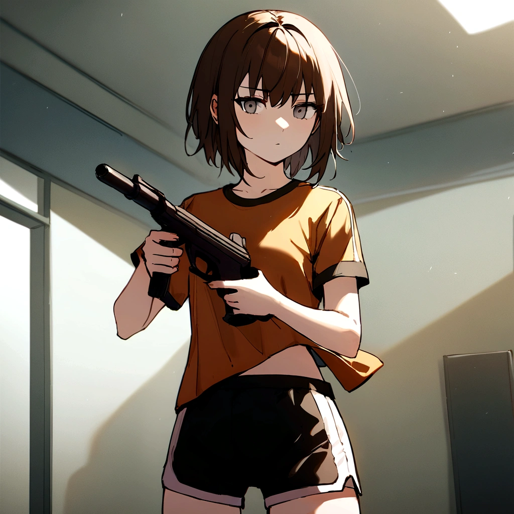 make me a girl, yo, sporty shirt and sporty shorts, gun in her hands, neutral face, dark brown short hair, grey eyes